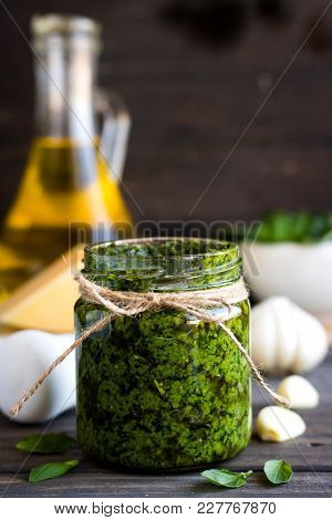 Fresh Homemade Pesto Sauce And Ingredients To It