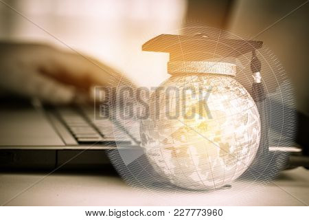 Graduate Study Abroad Concept, Graduation Cap On Top Earth Globe Model Map With Radar Background. Gr