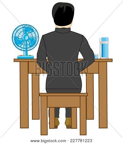 The Man Sits On Stool At The Table.type With Backs