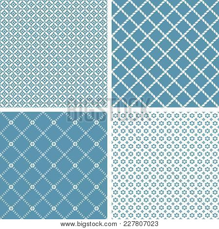 Set Of 4 Stylish Simple Pattern. A Seamless Vector Background. White And Blue Texture.