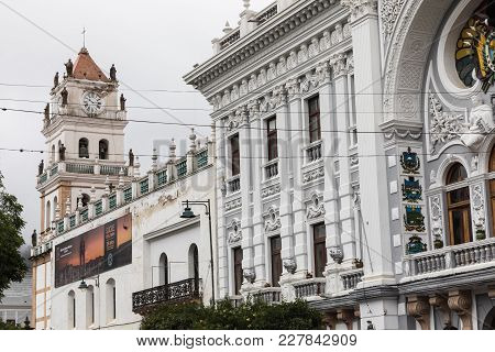 Sucre, Boliwia - February 08, 2018: Chuquisaca Governorship Palace At Plaza 25 De Mayo Square. Sucre