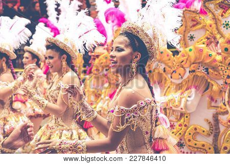 Oruro, Bolivia - February 10, 2018: Dancers At Oruro Carnival In Bolivia, Declared Unesco Cultural W