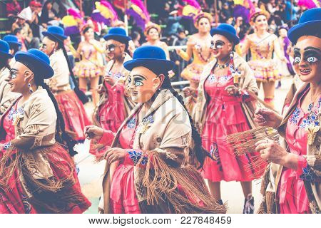 Oruro, Bolivia - February 10, 2018: Dancers At Oruro Carnival In Bolivia, Declared Unesco Cultural W