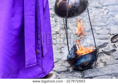Antigua, Guatemala -  April 13, 2017: Burning Incense In Holy Thursday Procession In Colonial Town W