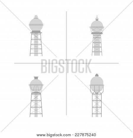 Water Tower Building Icon Set. Stock Vector Illustration Of Industrial Construction With Water Reser