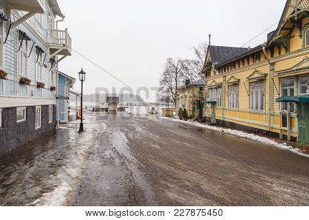 Old Houses On Cloudy, Winter Day In Naantali.