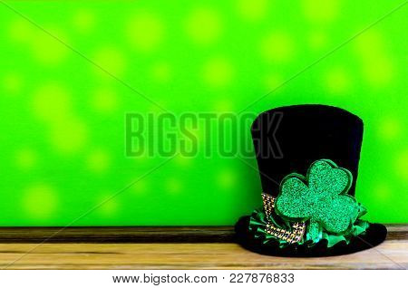 St. Patricks Day Background With Traditional Symbols - Leprechaun Hat And Clover