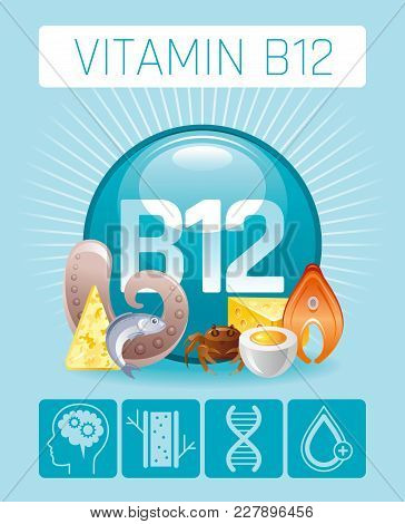 Cyanocobalamin Vitamin B12 Supplement Food Icons. Healthy Eating Flat Icon Set, Nutrition Text Lette