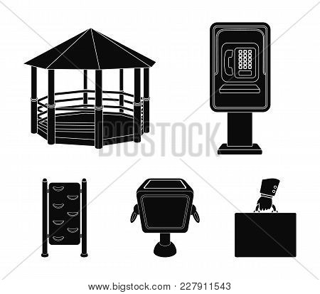 Telephone Automatic, Gazebo, Garbage Can, Wall For Children. Park Set Collection Icons In Black Styl