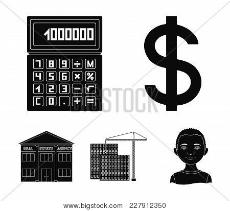 Calculator, Dollar Sign, New Building, Real Estate Offices. Realtor Set Collection Icons In Black St