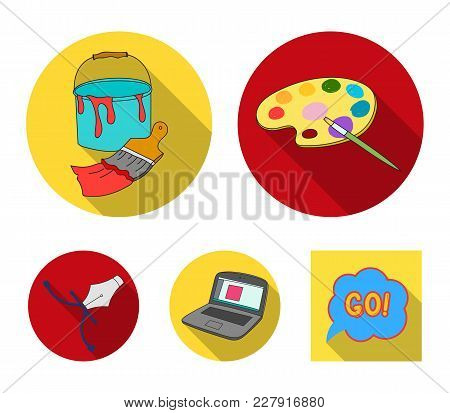 A Palette With A Brush, A Bucket With A Paint Brush, A Computer, A Tool, A Pen.artist And Drawing Se