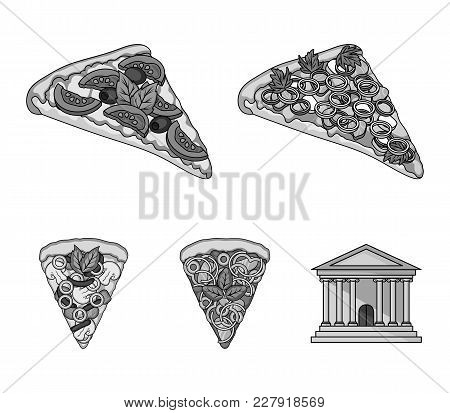A Slice Of Pizza With Different Ingredients. Different Pizza Set Collection Icons In Monochrome Styl