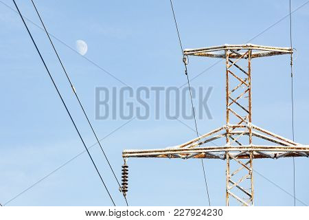 Power Lines Clear Blue Sky And Moon At Winter