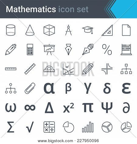 Mathematics Line Icon Set - Abacus, Ruler, Calculator, Chart, Pi, Triangle, Sinusoid