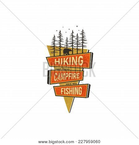 Vintage Hand Drawn Travel Badge Design. Camping, Hiking Travel Badge Design Concept In 70s Style Wit
