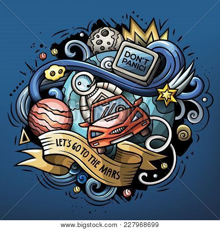 Cartoon Vector Doodles Joky Space Illustration. The Red Car In Outer Space. Colorful, Detailed, With