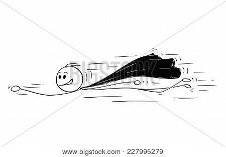 Cartoon Stick Man Drawing Illustration Of Flying Superhero In Costume With Cape.