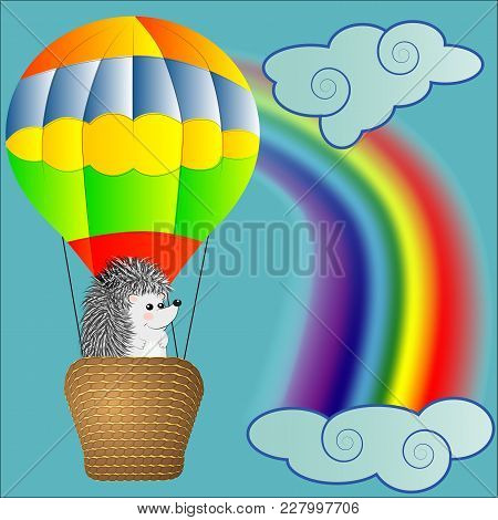 A Cute Little Hedgehog Flies Into Cartoons, A Large Bulky Balloon With A Basket In The Sky Amidst Wh