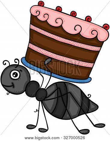Scalable Vectorial Representing A Little Ant Carrying A Chocolate Cake, Element For Design, Illustra