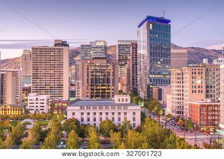 Salt Lake City, Utah, USA downtown financial district cityscape at twilight.