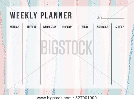 Stylish Weekly Planning Template On Striped Background In Pastel Pink And Blue Colors. Modern Organi
