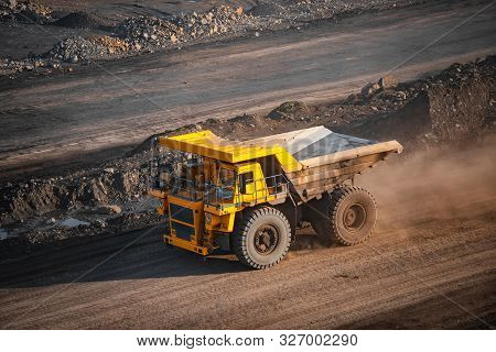 Big Yellow Mining Truck Laden Anthracite Moves Open Pit Coal Mine