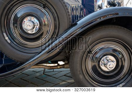Ratzeburg, Germany - June 3, 2019: Historic Opel, Front Wheel, Mudguard And Spare Wheel Of The Class