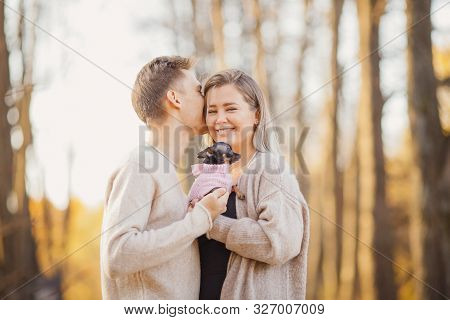 Loving Couple Cuddles In Warm Bright Sweaters Holding Dwarf Dog In Their Hands.concept Childfree
