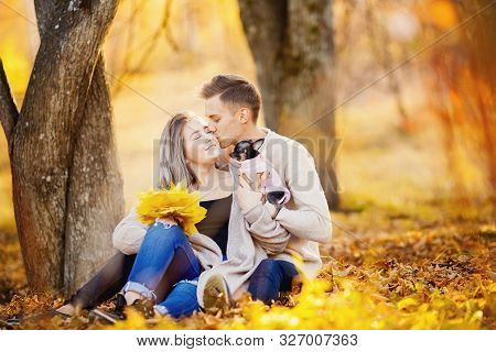Loving Couple Is Sitting In Autumn Park With Small Dog And Kissing. Girl Holds Maple Leaves, Yellow 