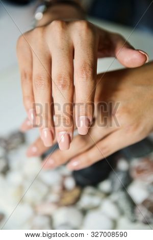Demonstration Of Overgrown Manicure With Gel Polish On A Gray Background, Overgrown Shellac Close-up