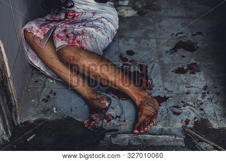 Horror Scence Of Leg Woman With Blood In Toilet At Abandoned House.ghost Women Wear White Dress Stai