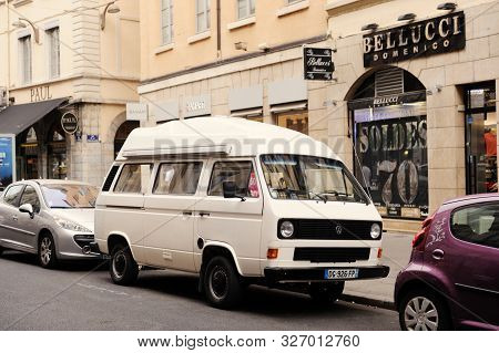 Belarus, Brest - June 03, 2019:close-up Of A Vintage  White Volkswagen Transporter Type 2 (t3,1979-1