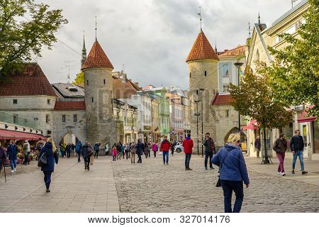Tallinn, Estonia- October 1st 2019:twin Towers Of Viru Gate In The Old Town Of Tallinn, Estonia