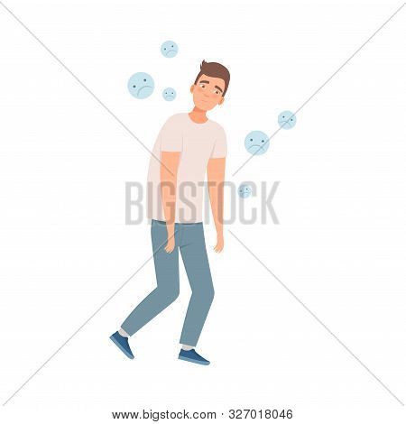 Sad Man Steps With His Shoulders Down Because Of Depression, Bad Habit Illustration Vector