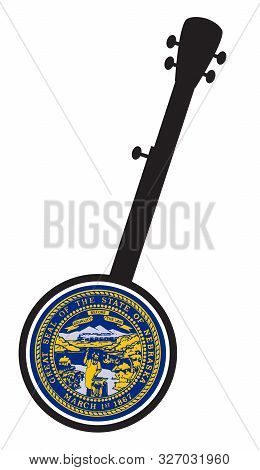 A Typical Five String Banjo In Silhouette On A White Background Woth The Icon From The State Seal Of