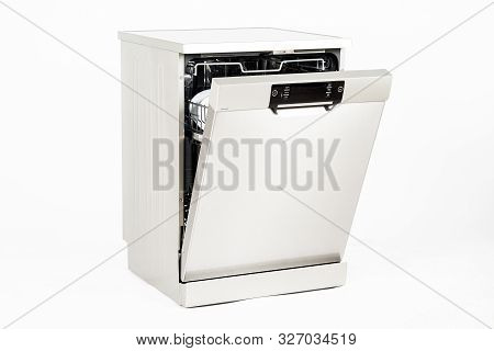 Modern European Freestanding Dishwasher Machine Isolated On White Background