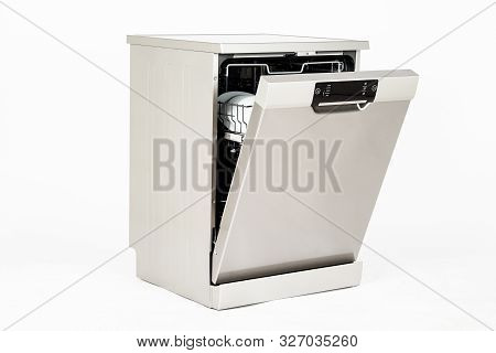 Modern European Freestanding Dishwasher Machine Isolated On White Background