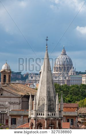 St Peters Rome Viewed Across The City From Villa Borghese Park With Spire In Foregound