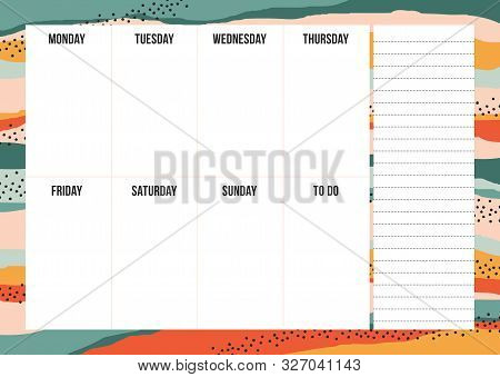 Stylish Weekly Planning Template With Notes On Striped Background In Vintage Color. Retro Organizer 