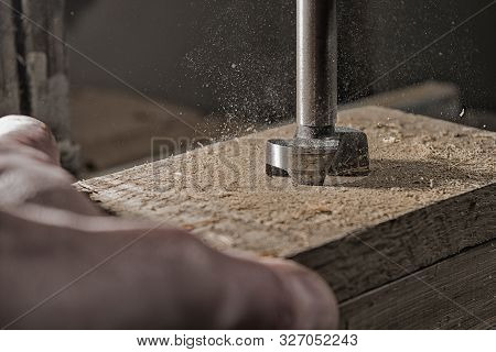 Drilling Of Oak Wood With A Forstner Drill