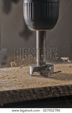 Drilling Of Oak Wood With A Forstner Drill