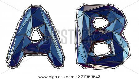 Letter set A, B made of realistic 3d render blue color. Collection of low polly style alphabet isolated on white background 3d