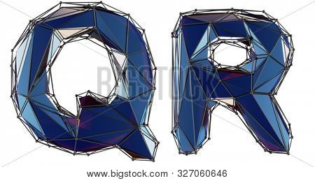 Letter set Q, R made of realistic 3d render blue color. Collection of low polly style alphabet isolated on white background 3d