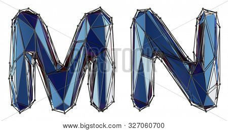 Letter set M, N made of realistic 3d render blue color. Collection of low polly style alphabet isolated on white background 3d