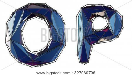 Letter set O, P made of realistic 3d render blue color. Collection of low polly style alphabet isolated on white background 3d