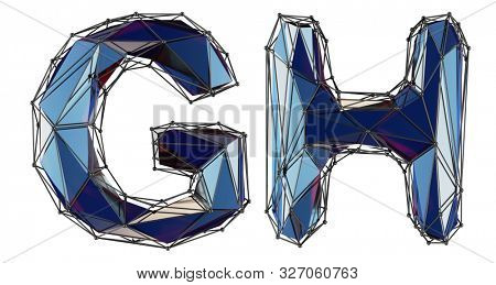Letter set G, H made of realistic 3d render blue color. Collection of low polly style alphabet isolated on white background 3d