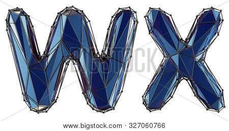 Letter set W, X made of realistic 3d render blue color. Collection of low polly style alphabet isolated on white background 3d
