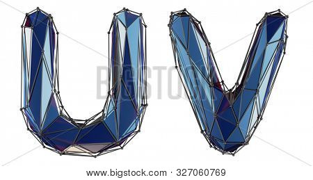 Letter set U, V made of realistic 3d render blue color. Collection of low polly style alphabet isolated on white background 3d