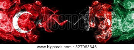 Turkey Vs Afghanistan, Afghani Smoke Flags Placed Side By Side. Thick Colored Silky Smoke Flags Of T