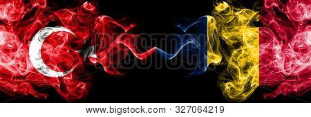 Turkey Vs Chad, Chadian Smoke Flags Placed Side By Side. Thick Colored Silky Smoke Flags Of Turkish 